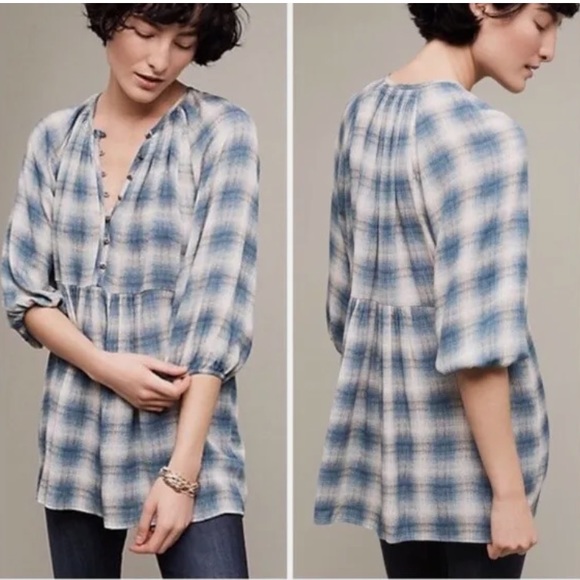 Anthropologie Tops - Anthropologie Maeve Cavalon
Plaid Peplum Tunic Top Blue Size Large